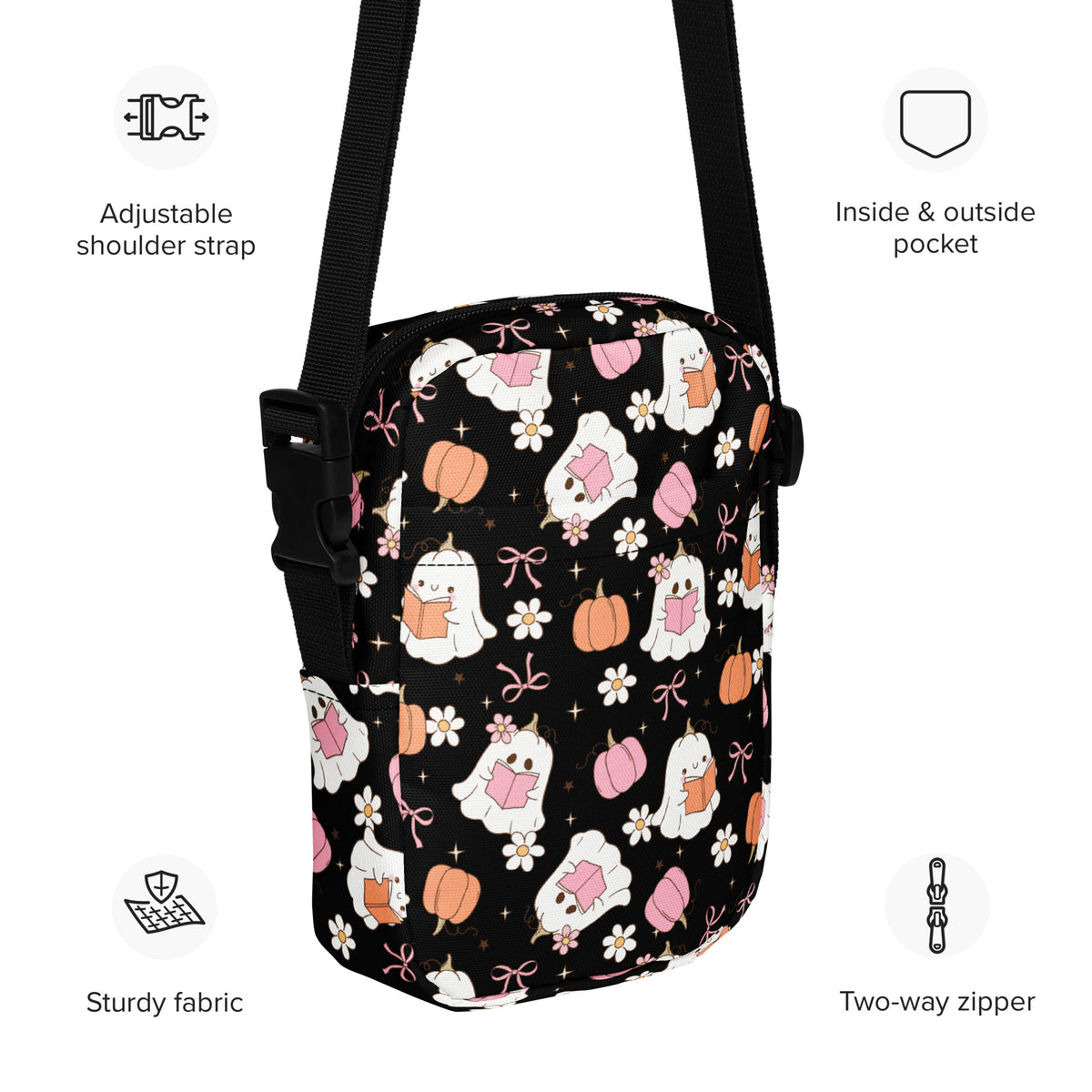 Reading Ghost Halloween Crossbody Bag – Water Resistant Mini Purse With Adjustable Strap & Pockets