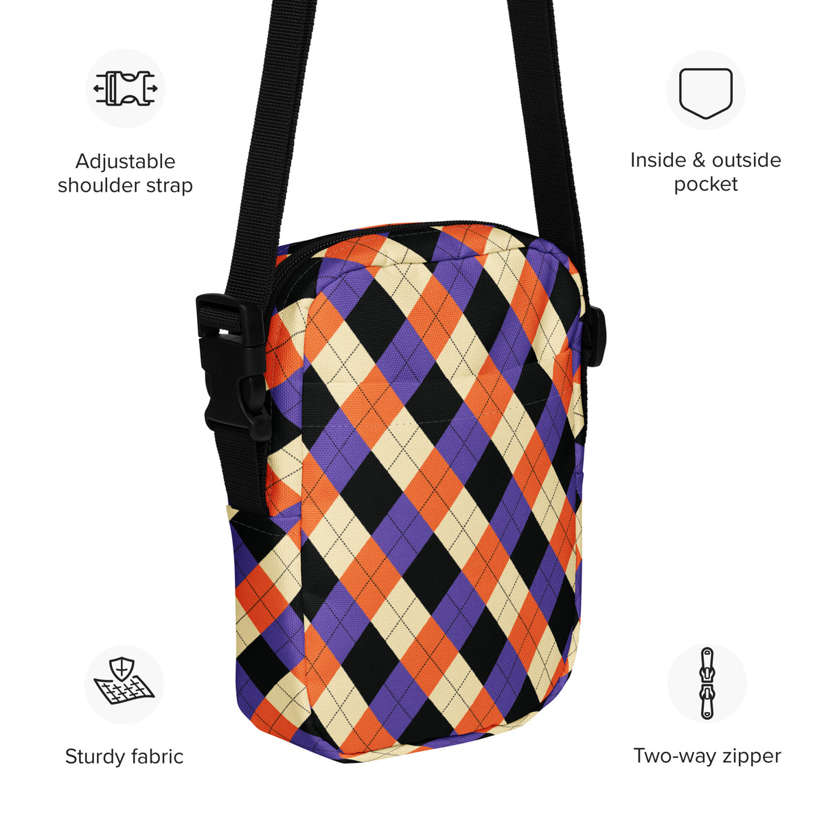 Halloween Argyle Crossbody Bag – Water Resistant Mini Purse With Adjustable Strap & Pockets