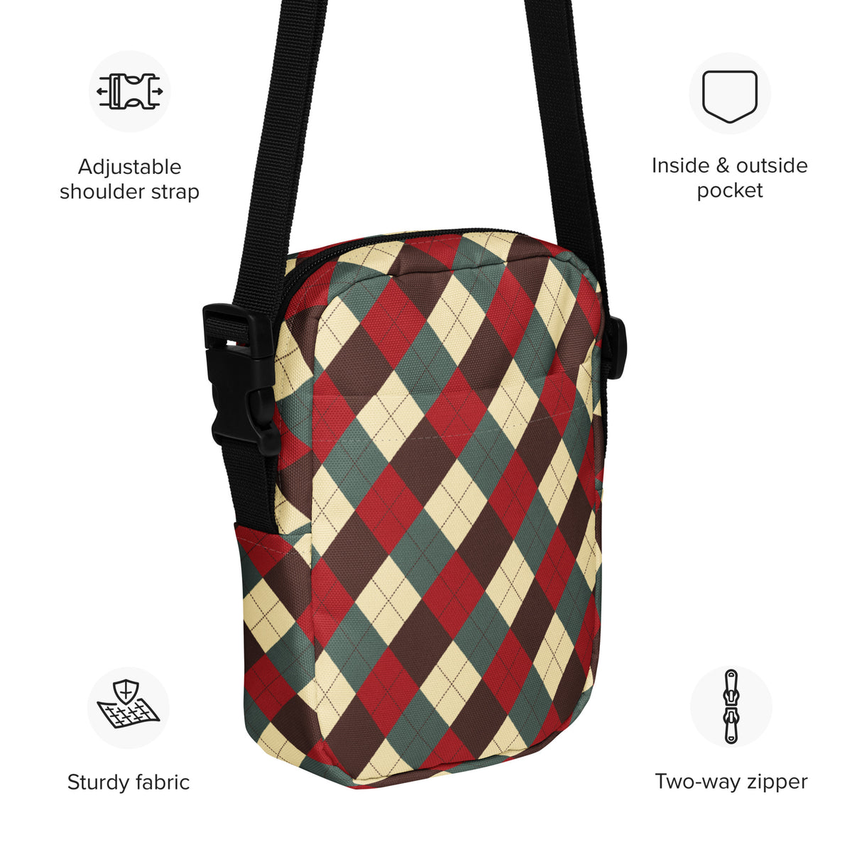 Vintage Christmas Argyle Crossbody Bag – Water Resistant Mini Purse With Adjustable Strap & Pockets