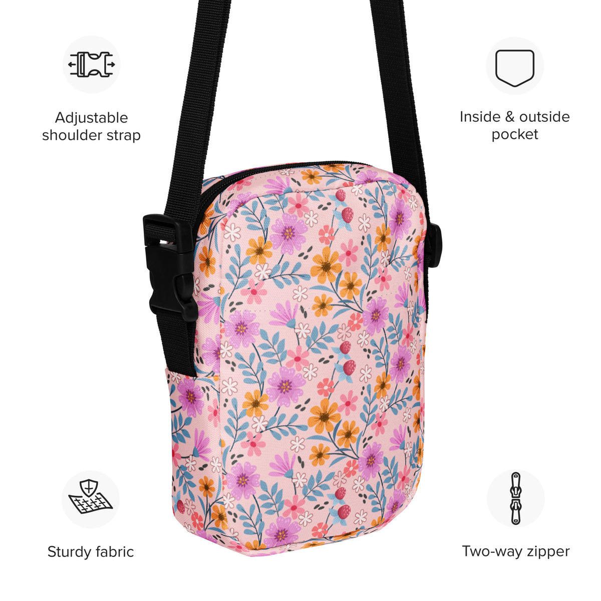Girls Pink Floral Crossbody Bag – Water Resistant Mini Purse With Adjustable Strap & Pockets