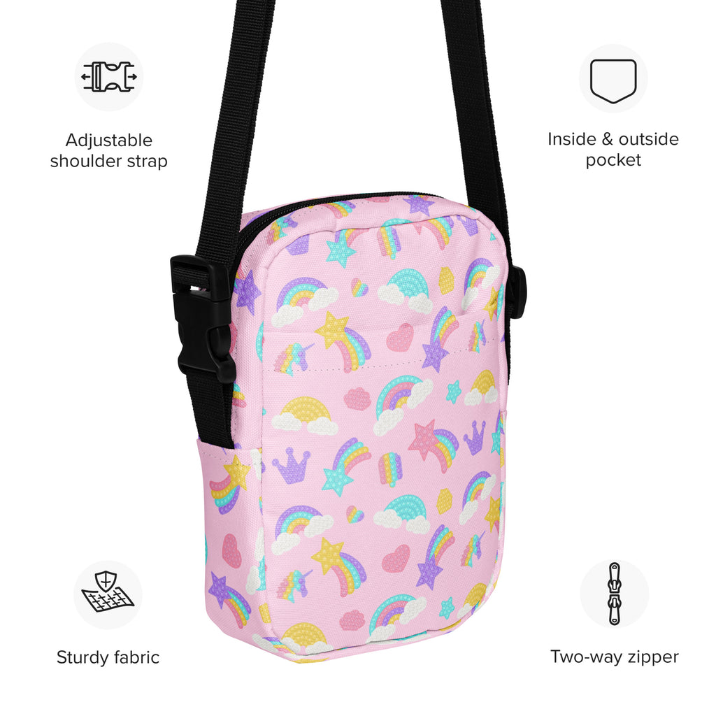 Girls Pink Rainbow Fidget Toy Crossbody Bag – Water Resistant Mini Purse With Adjustable Strap & Pockets