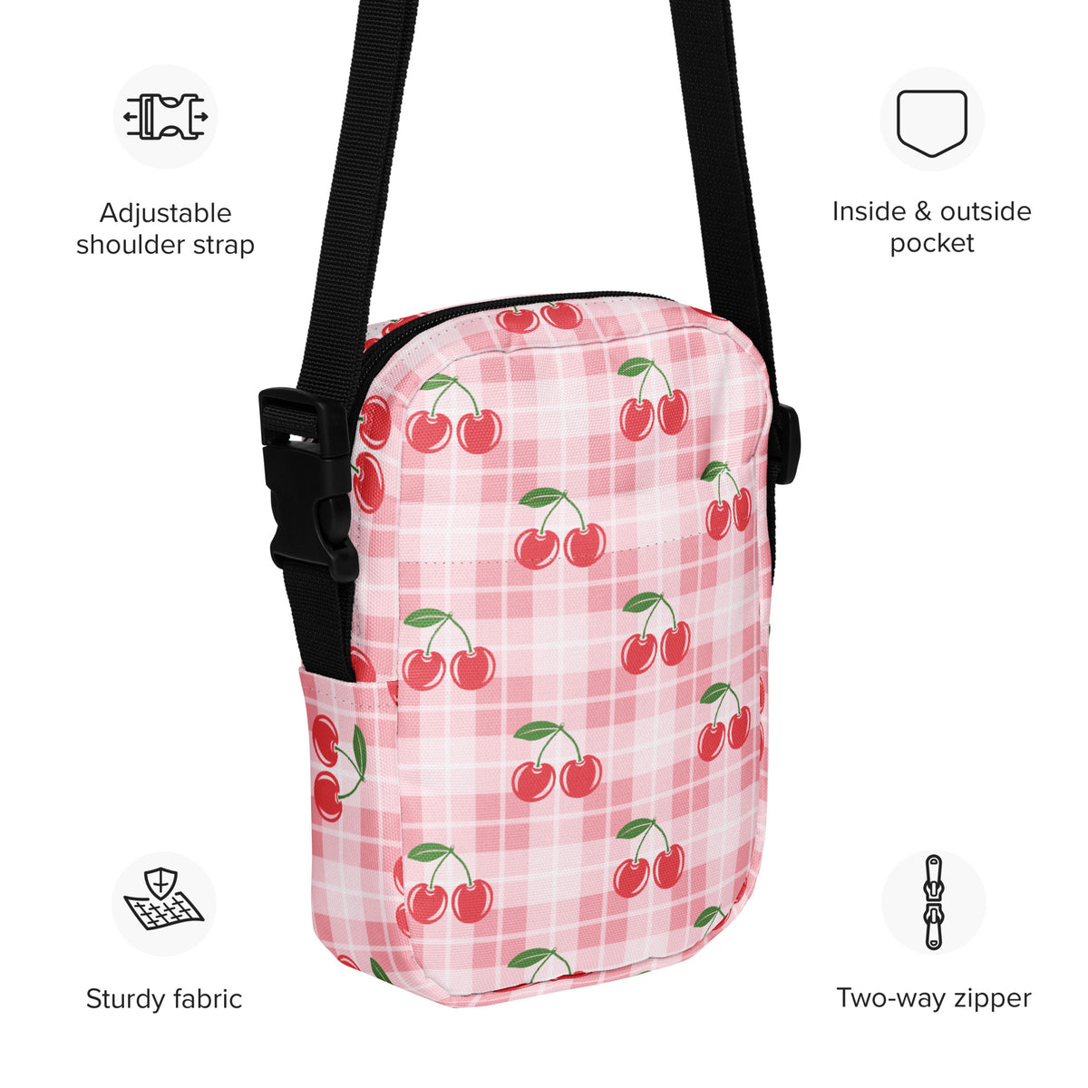 Pink Cherry Gingham Crossbody Bag – Water Resistant Mini Purse With Adjustable Strap & Pockets