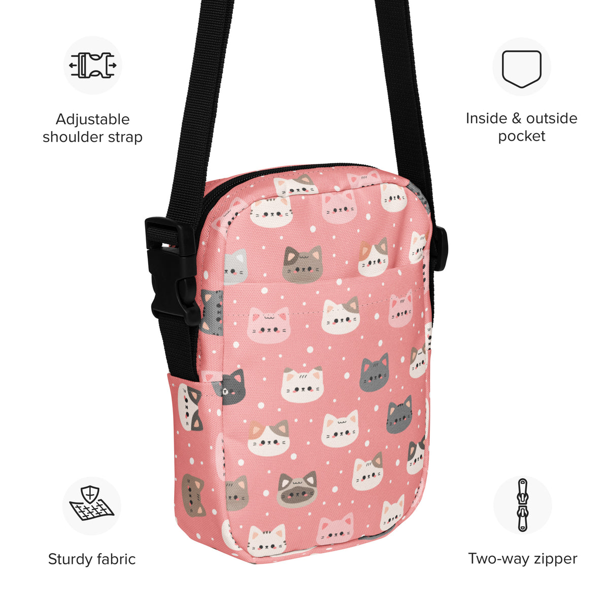 Pink Cat Crossbody Bag – Water Resistant Mini Purse With Adjustable Strap & Pockets