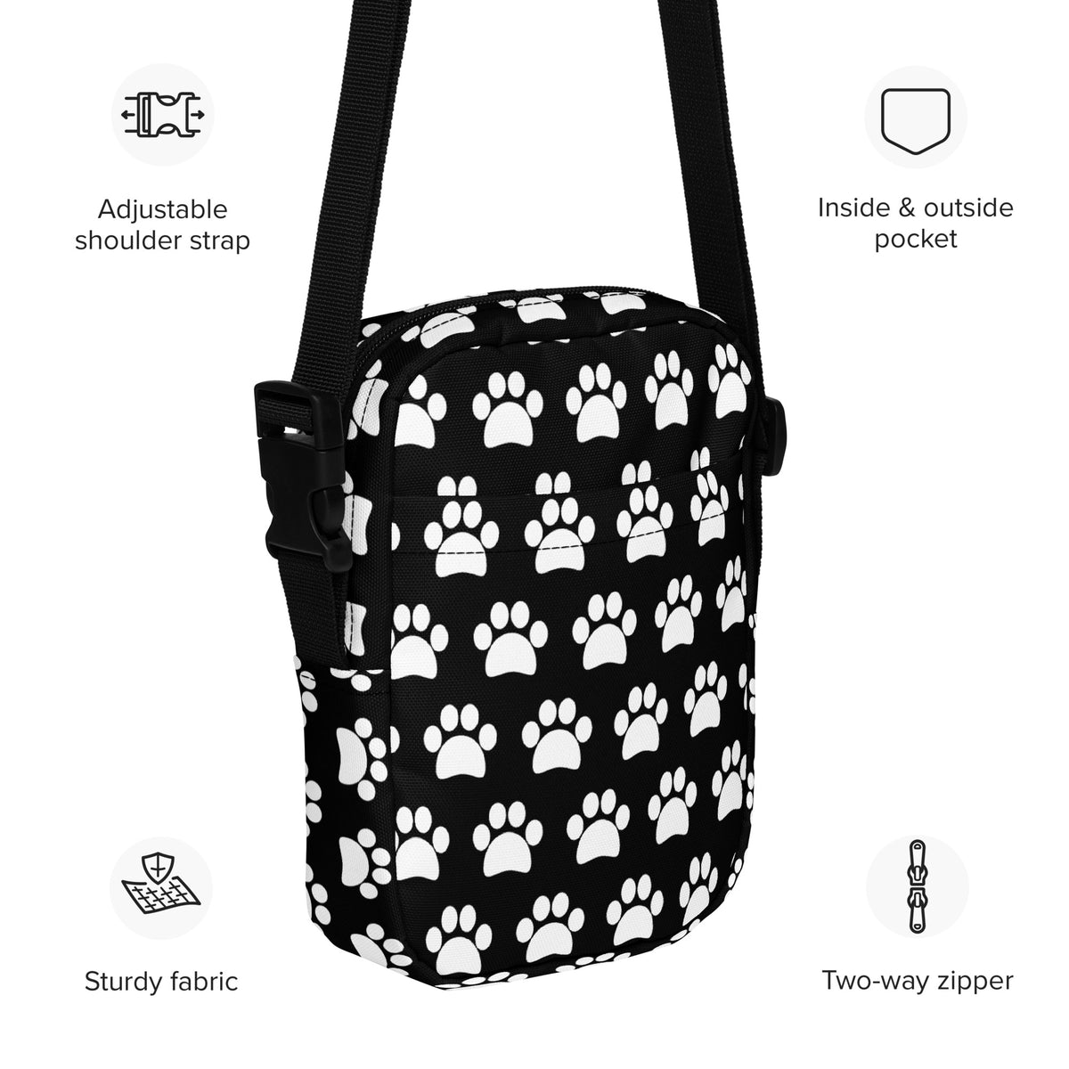 Black Paw Print Crossbody Bag – Water Resistant Mini Purse With Adjustable Strap & Pockets