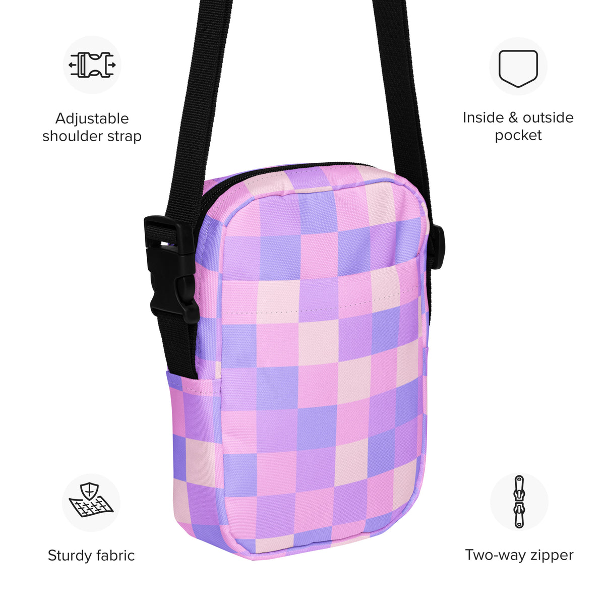 Pink & Purple Checkered Crossbody Bag – Water Resistant Mini Purse With Adjustable Strap & Pockets