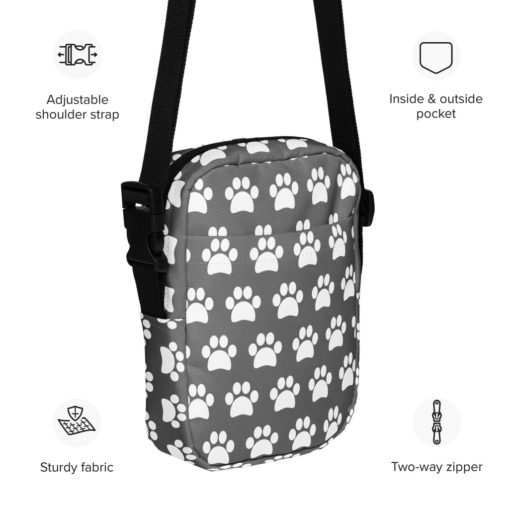 Gray Paw Print Crossbody Bag – Water Resistant Mini Purse With Adjustable Strap & Pockets
