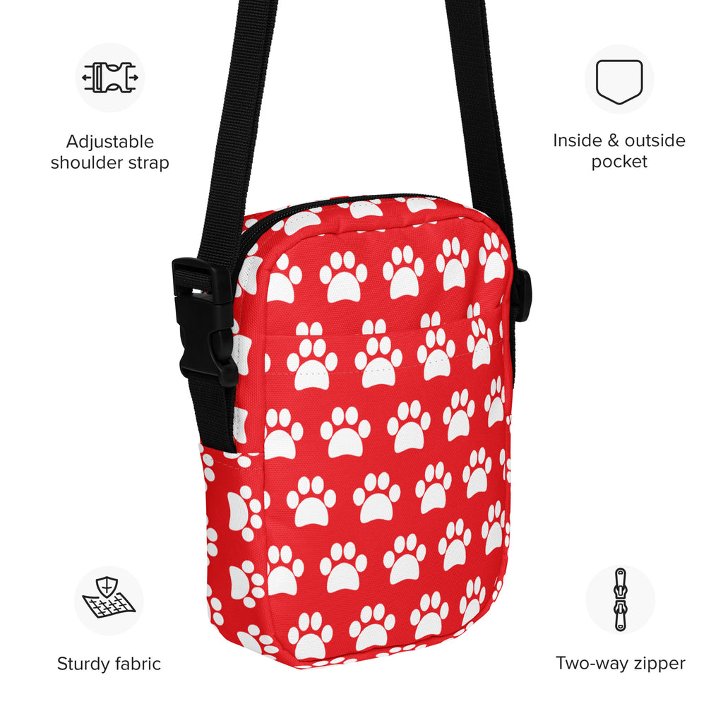 Red Paw Print Crossbody Bag – Water Resistant Mini Purse With Adjustable Strap & Pockets