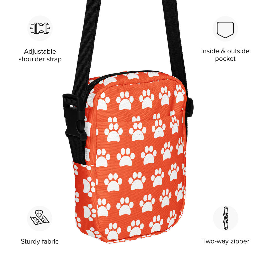 Girls Bright Orange Paw Print Crossbody Bag – Water Resistant Mini Purse With Adjustable Strap & Pockets