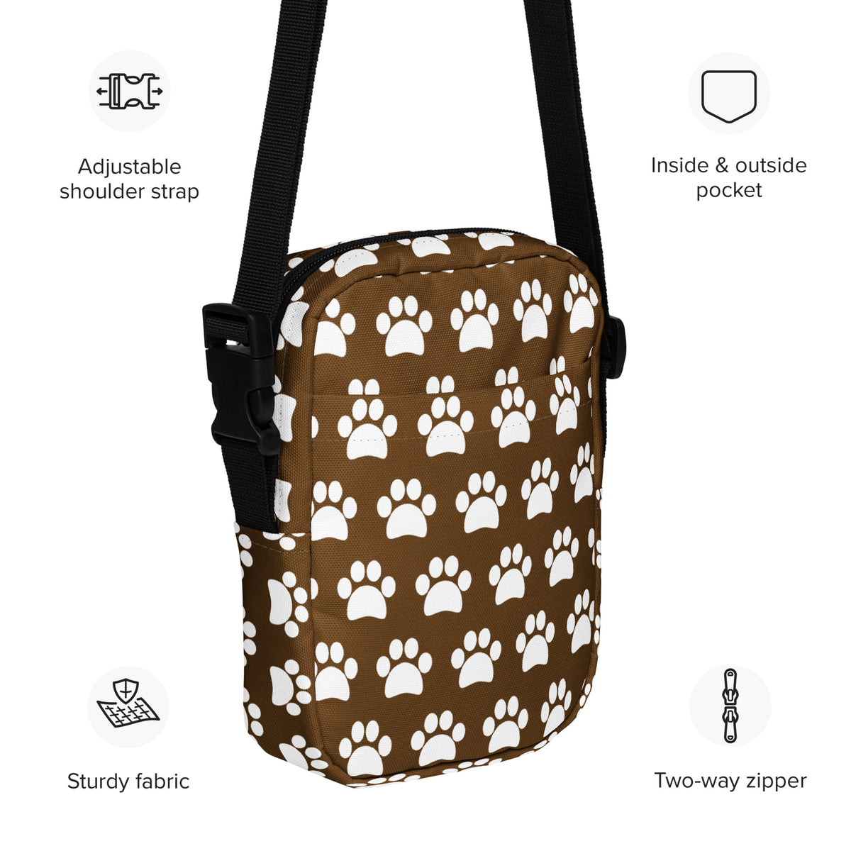 Brown Paw Print Crossbody Bag – Water Resistant Mini Purse With Adjustable Strap & Pockets