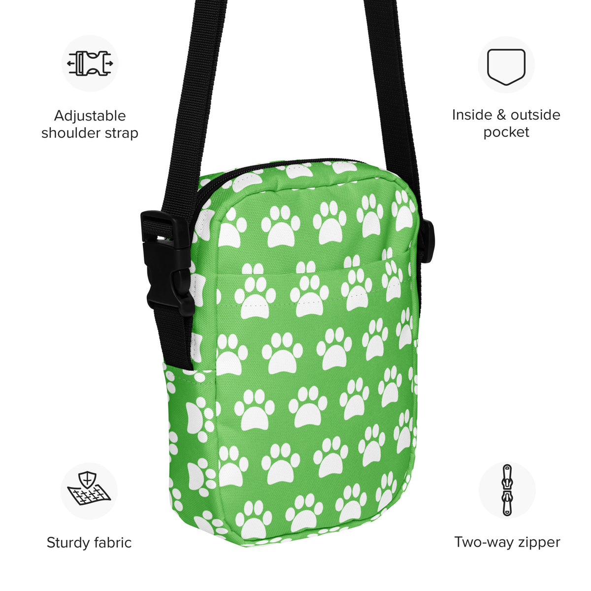 Green Paw Print Crossbody Bag – Water Resistant Mini Purse With Adjustable Strap & Pockets