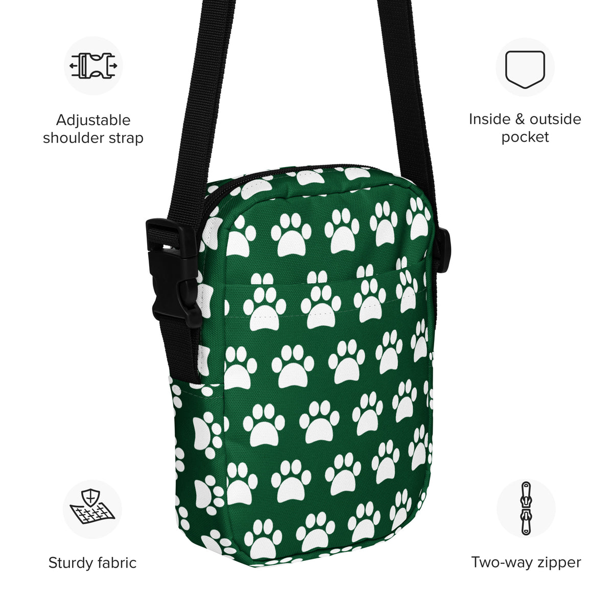 Forest Green Paw Print Crossbody Bag – Water Resistant Mini Purse With Adjustable Strap & Pockets