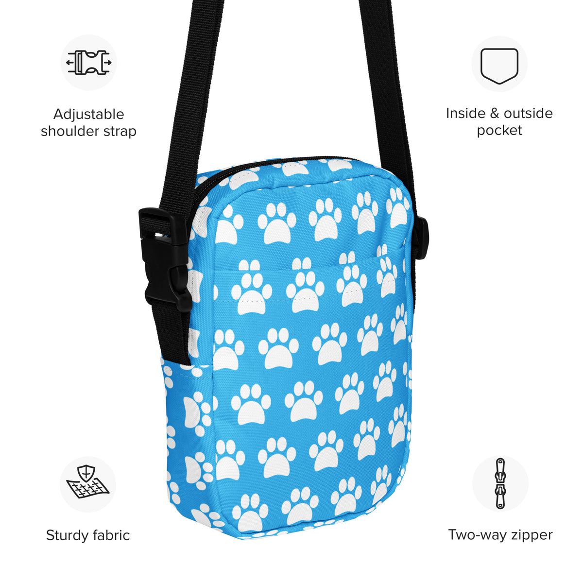 Sky Blue Paw Print Crossbody Bag – Water Resistant Mini Purse With Adjustable Strap & Pockets