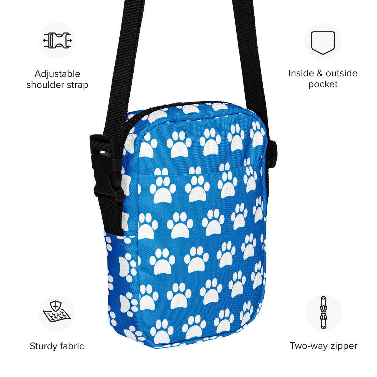 Royal Blue Paw Print Crossbody Bag – Water Resistant Mini Purse With Adjustable Strap & Pockets