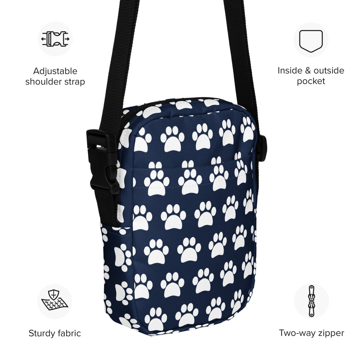 Navy Blue Paw Print Crossbody Bag – Water Resistant Mini Purse With Adjustable Strap & Pockets