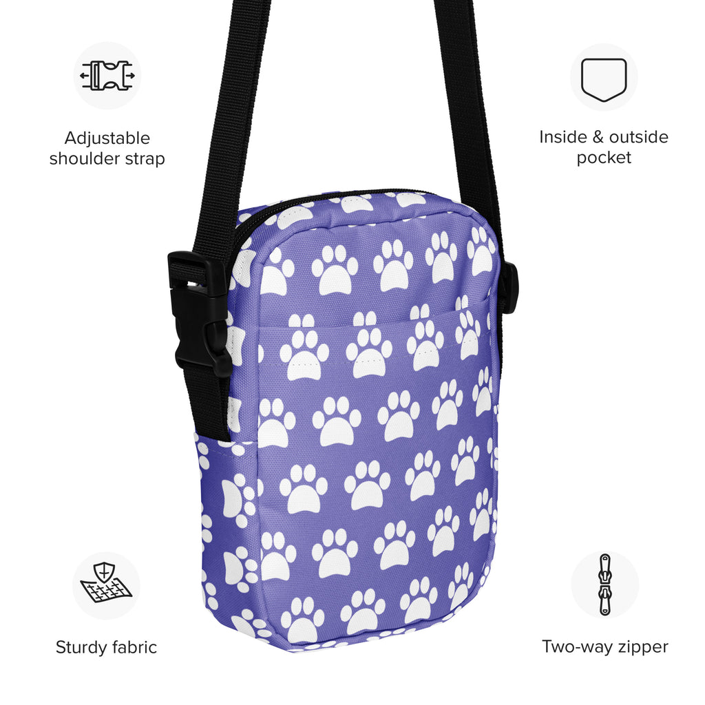 Purple Paw Print Crossbody Bag – Water Resistant Mini Purse With Adjustable Strap & Pockets