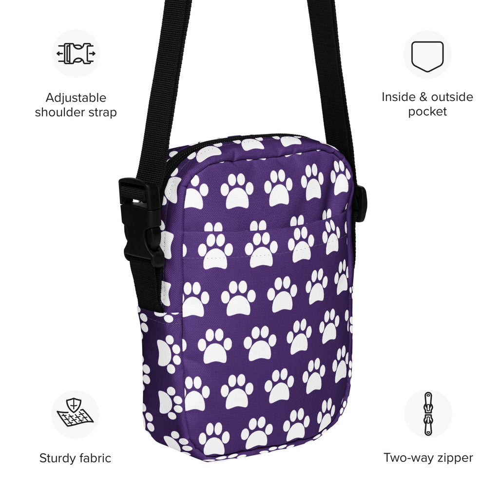 Dark Purple Paw Print Crossbody Bag – Water Resistant Mini Purse With Adjustable Strap & Pockets