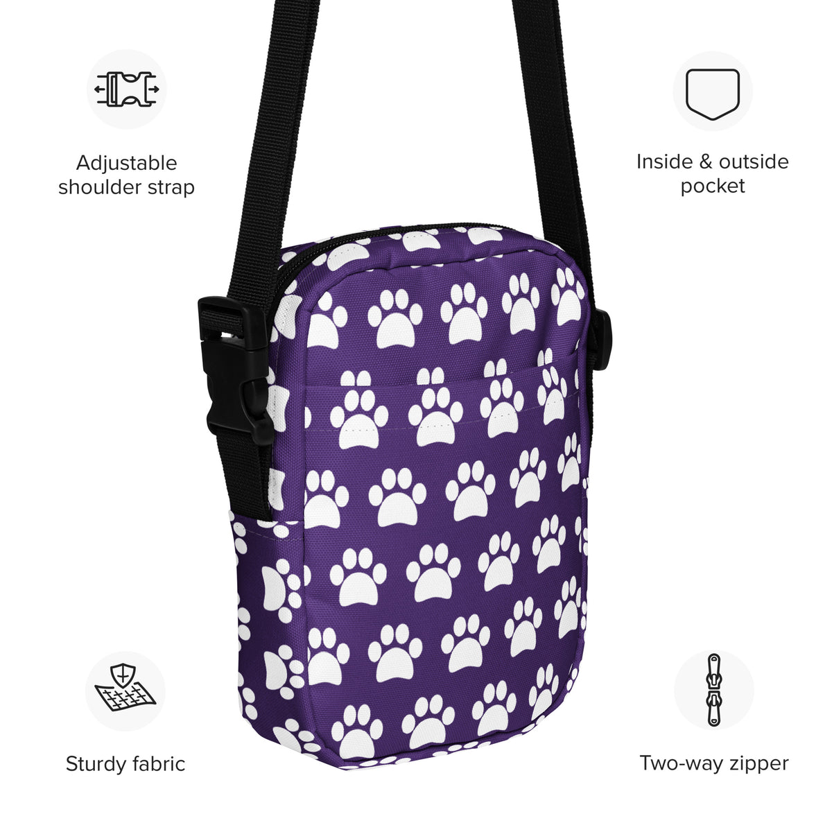Dark Purple Paw Print Crossbody Bag – Water Resistant Mini Purse With Adjustable Strap & Pockets