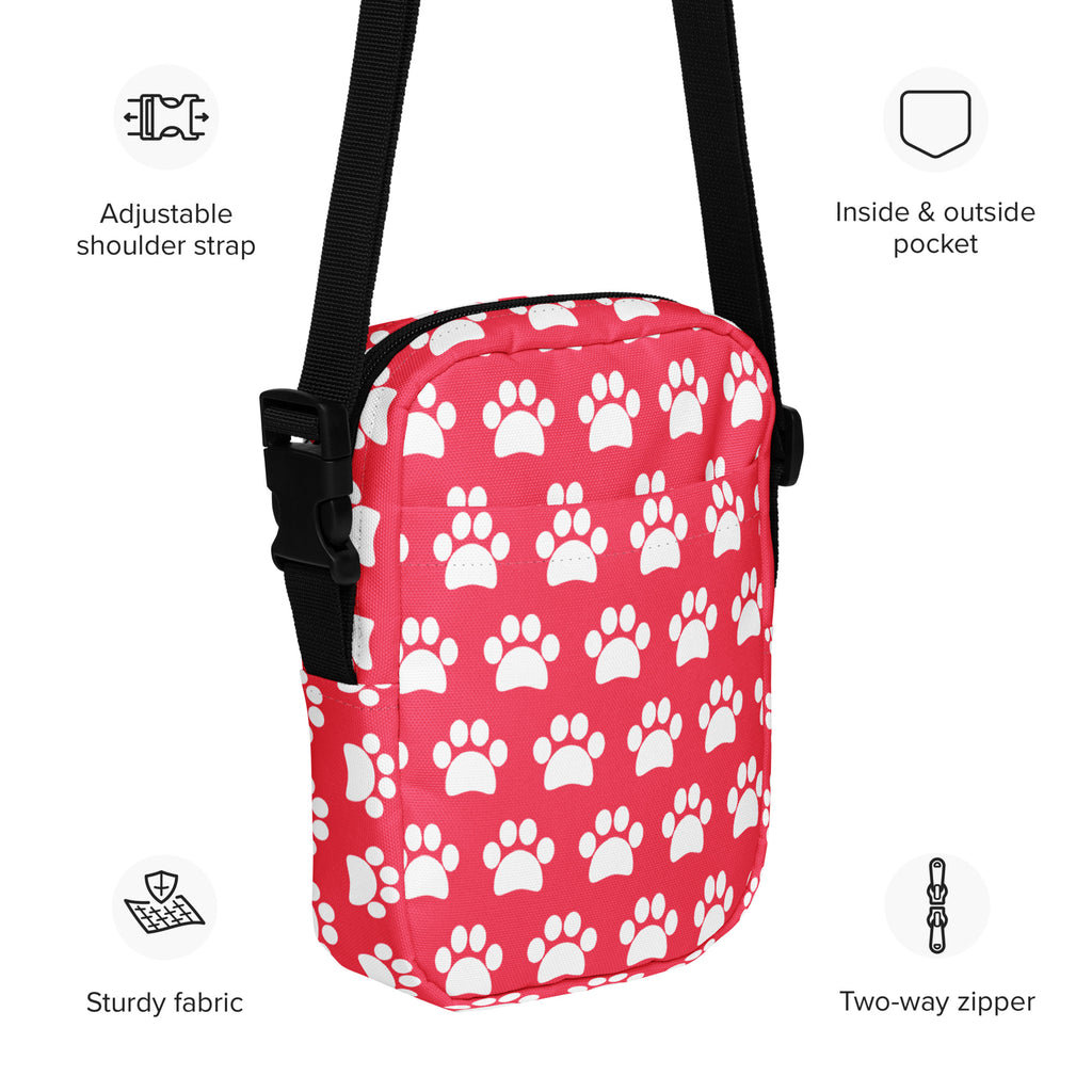 Bright Pink Paw Print Crossbody Bag – Water Resistant Mini Purse With Adjustable Strap & Pockets