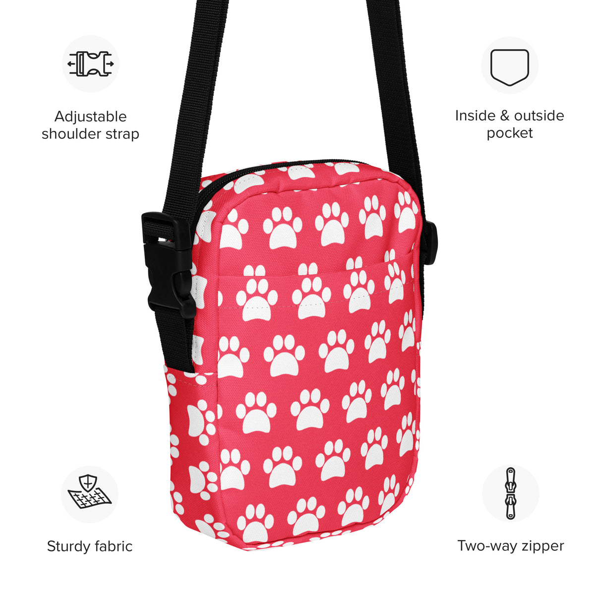 Bright Pink Paw Print Crossbody Bag – Water Resistant Mini Purse With Adjustable Strap & Pockets