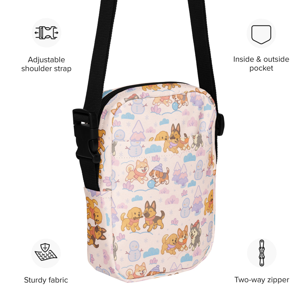Winter Dogs Crossbody Bag – Water Resistant Mini Purse With Adjustable Strap & Pockets