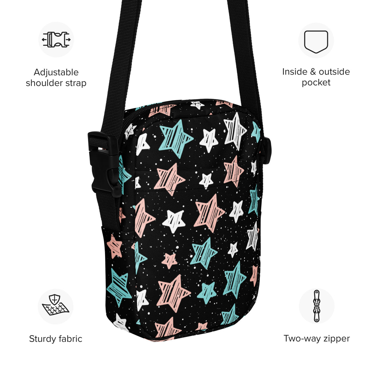 Colorful Doodle Star Crossbody Bag – Water Resistant Mini Purse With Adjustable Strap & Pockets