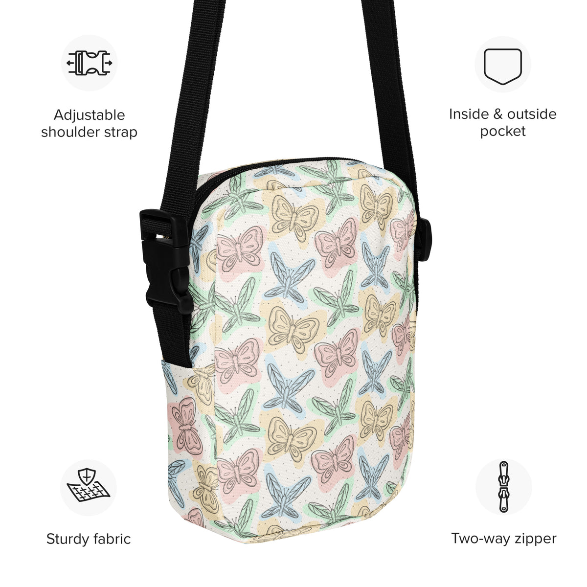 Pastel Butterfly & Dragonfly Crossbody Bag – Water Resistant Mini Purse With Adjustable Strap & Pockets