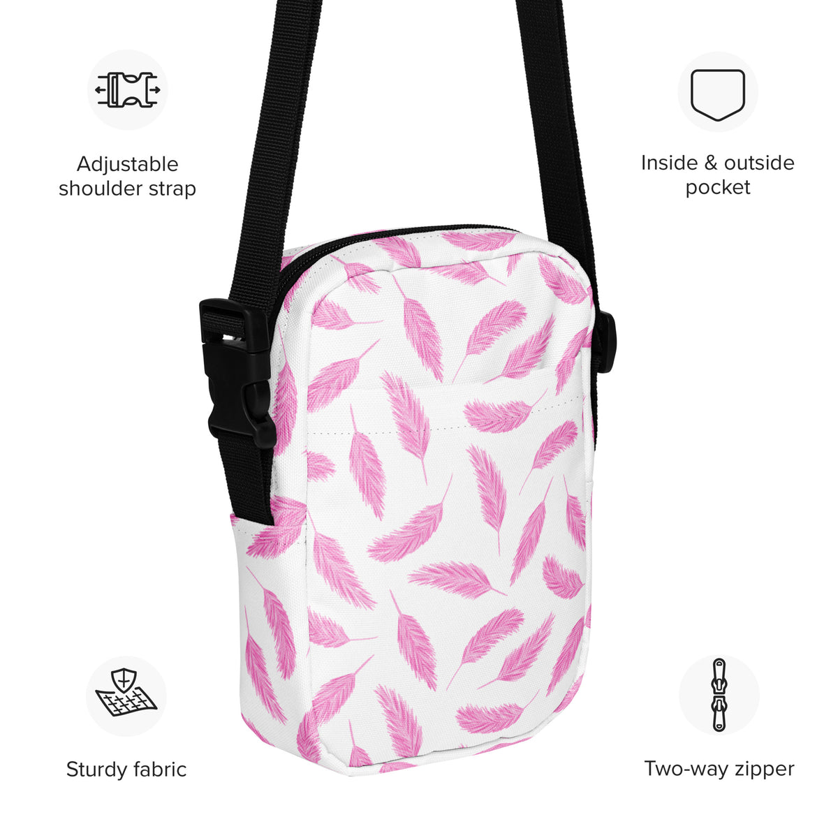 Pink Flamingo Feathers Crossbody Bag – Water Resistant Mini Purse With Adjustable Strap & Pockets