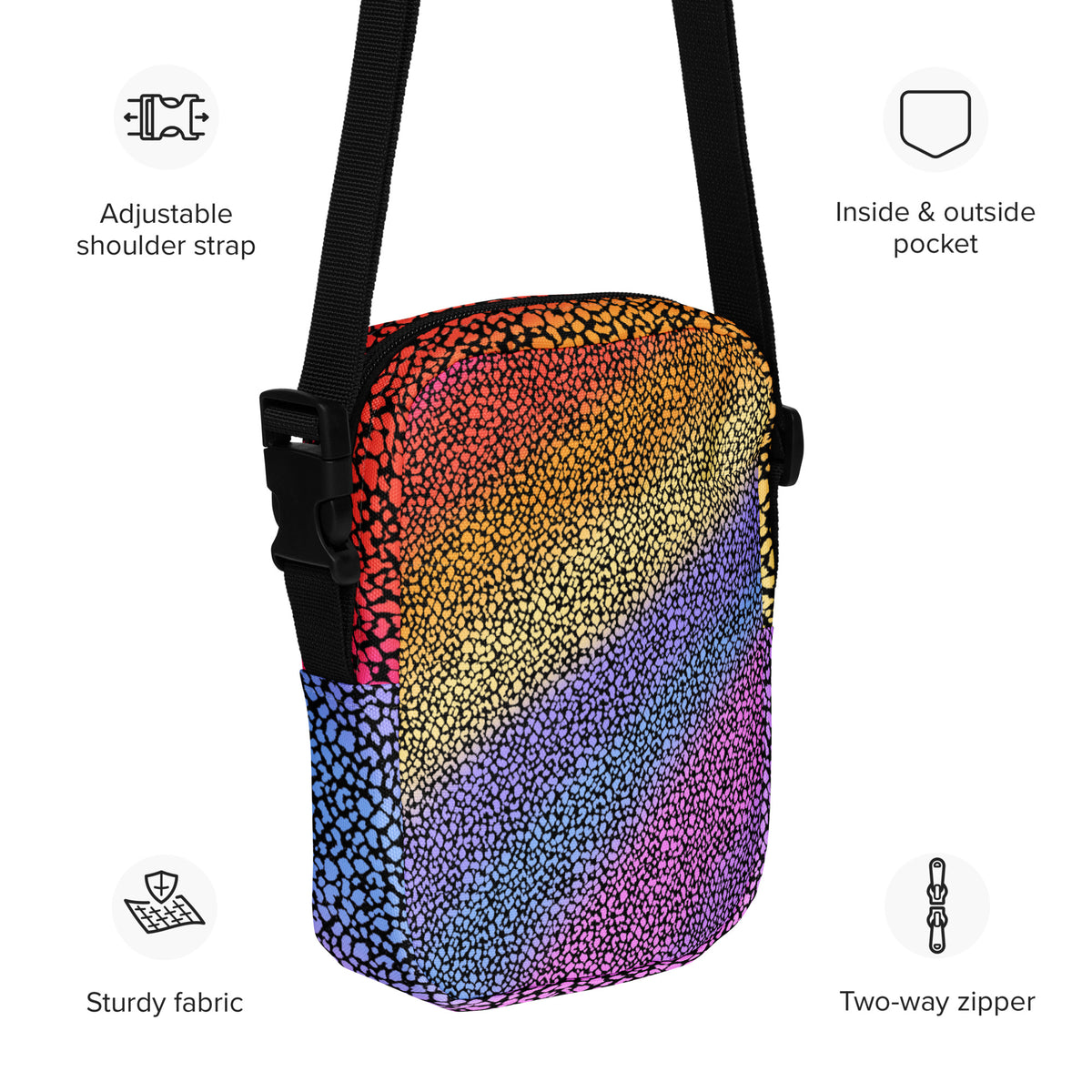 Rainbow Leopard Print Crossbody Bag – Water Resistant Mini Purse With Adjustable Strap & Pockets