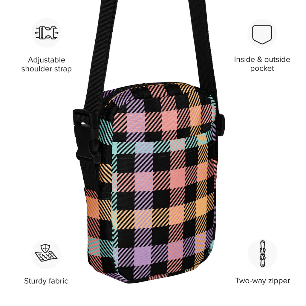 Black Colorful Plaid Crossbody Bag – Water Resistant Mini Purse With Adjustable Strap & Pockets