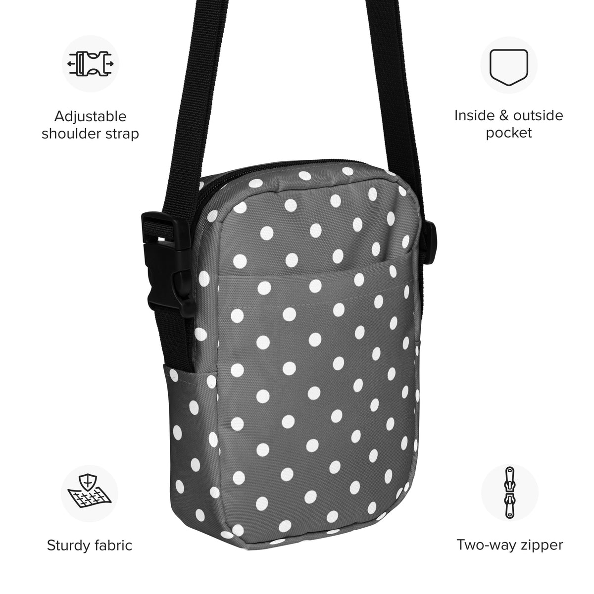 Gray Polka Dot Crossbody Bag – Water Resistant Mini Purse With Adjustable Strap & Pockets