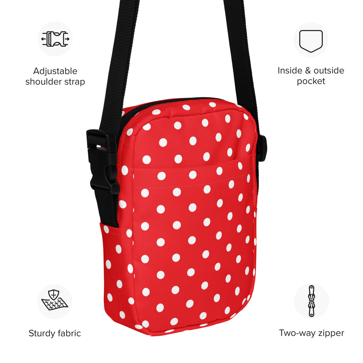 Red Polka Dot Crossbody Bag – Water Resistant Mini Purse With Adjustable Strap & Pockets