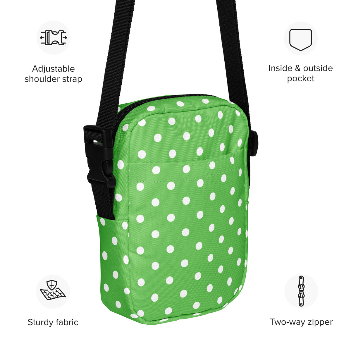 Green Polka Dot Crossbody Bag – Water Resistant Mini Purse With Adjustable Strap & Pockets