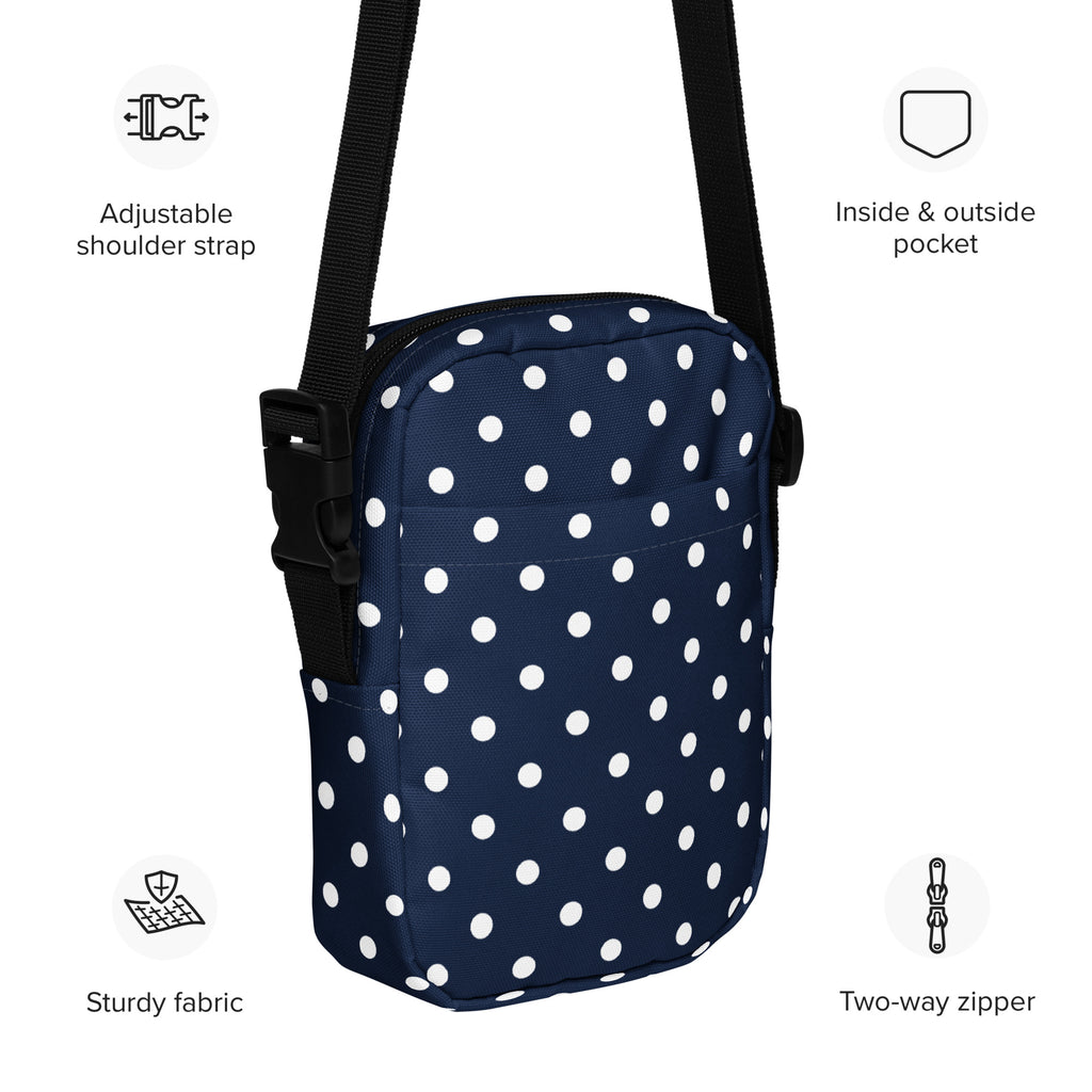 Navy Blue Polka Dot Crossbody Bag – Water Resistant Mini Purse With Adjustable Strap & Pockets