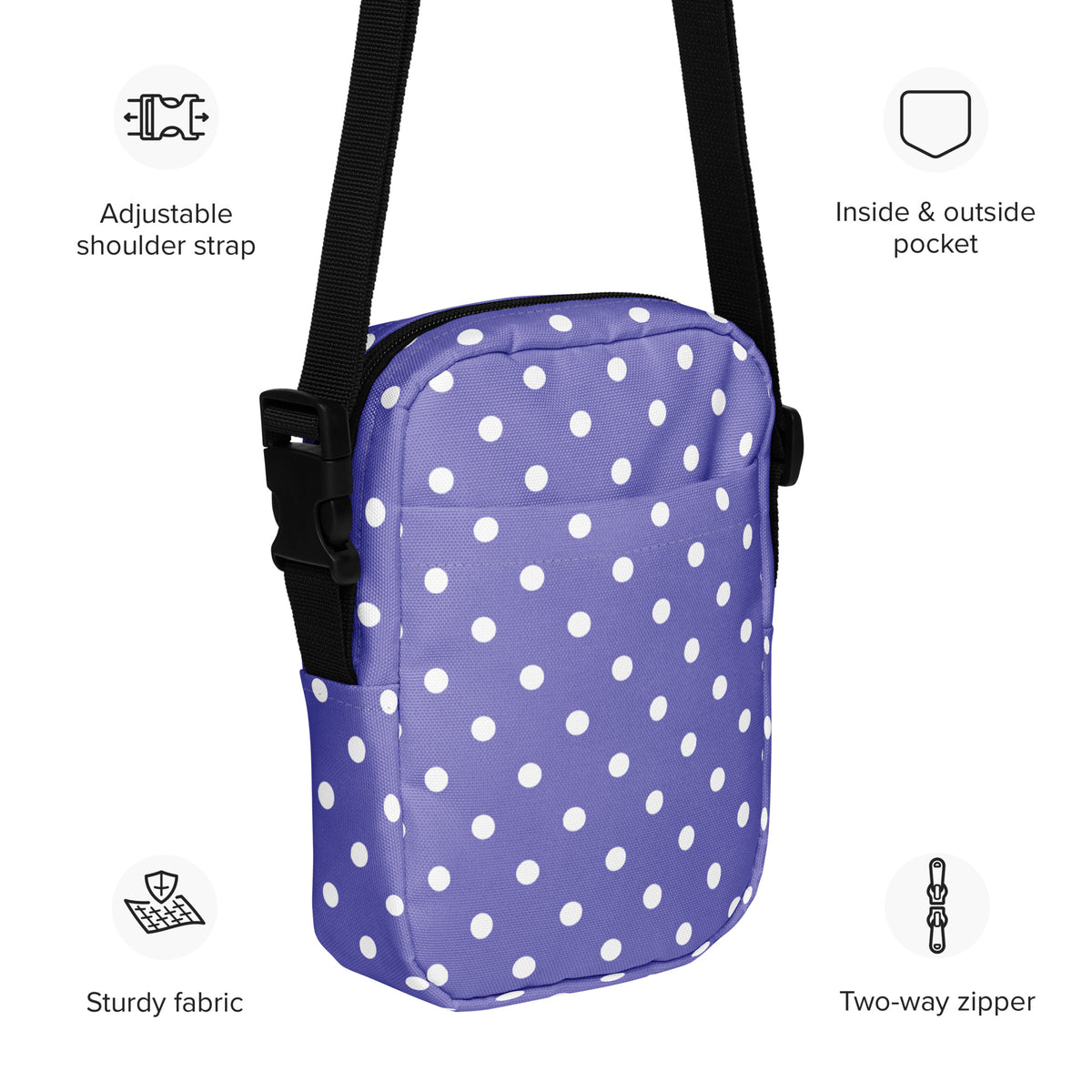 Purple Polka Dot Crossbody Bag – Water Resistant Mini Purse With Adjustable Strap & Pockets
