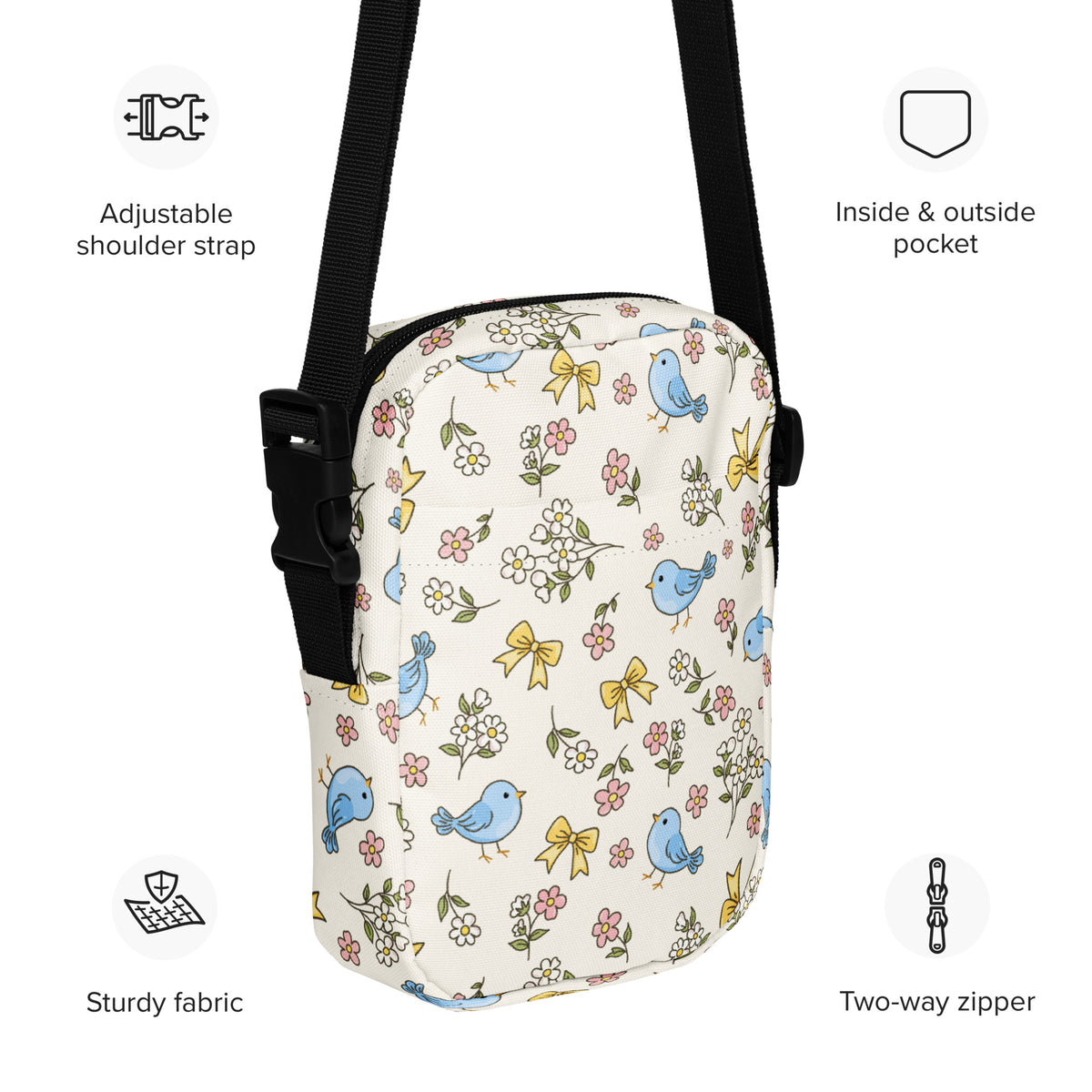 Floral Blue Bird Crossbody Bag – Water Resistant Mini Purse With Adjustable Strap & Pockets