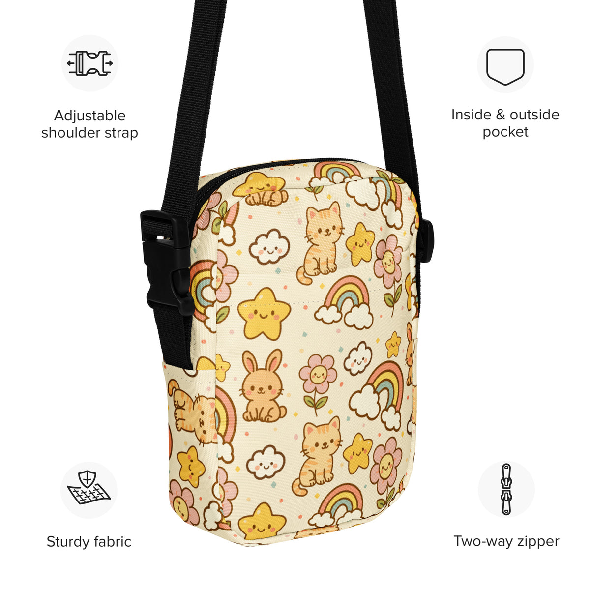 Girls Cute Cat Rainbow Crossbody Bag – Water Resistant Mini Purse With Adjustable Strap & Pockets