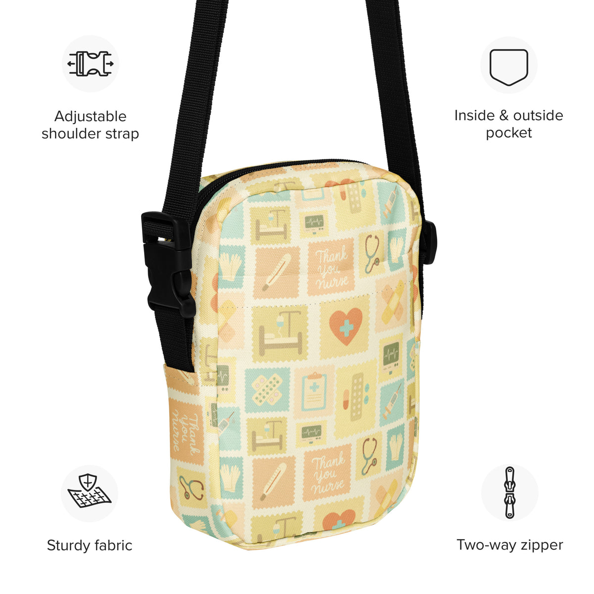 Yellow Nurse Icon Crossbody Bag – Water Resistant Mini Purse With Adjustable Strap & Pockets