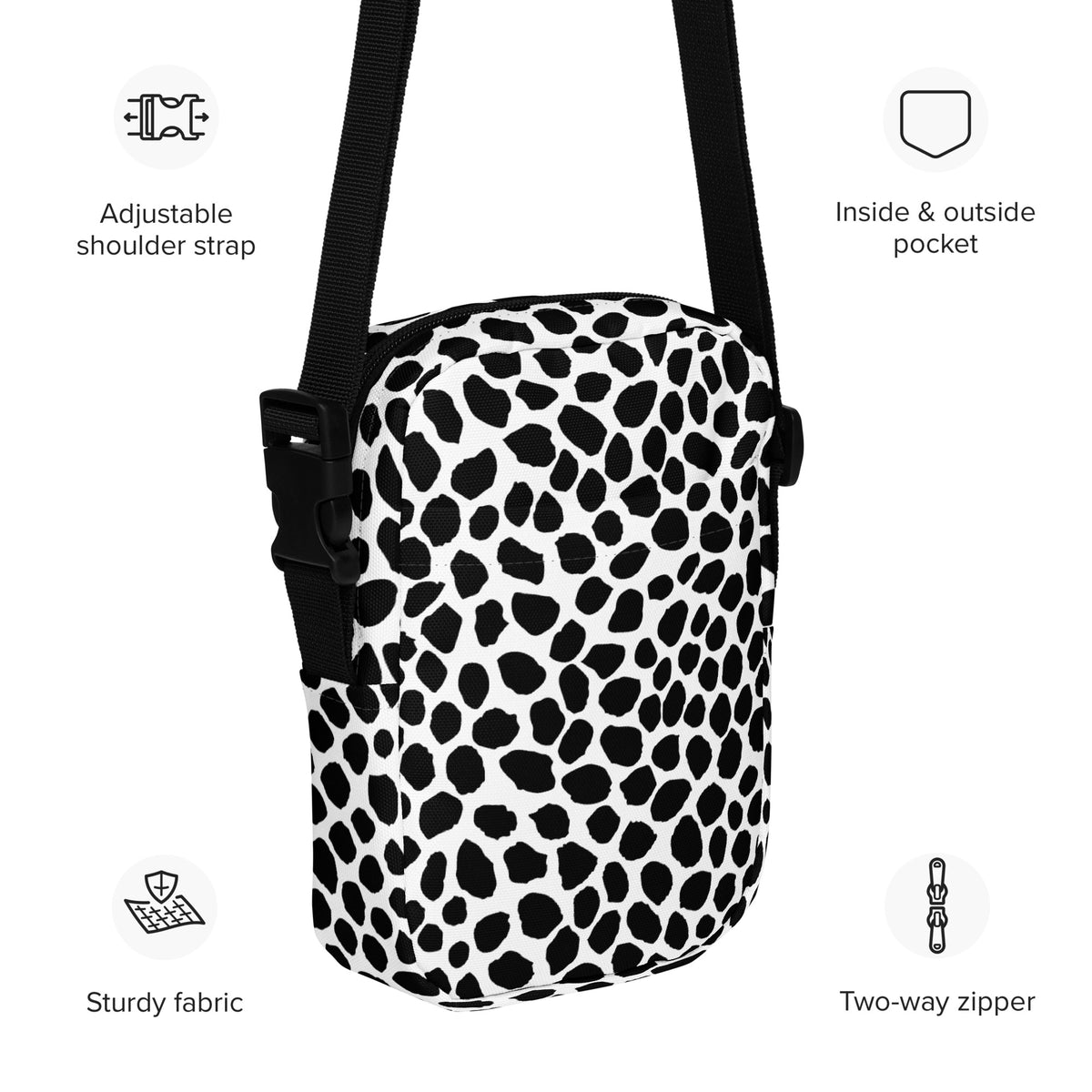 Black & White Cow Print Crossbody Bag – Water Resistant Mini Purse With Adjustable Strap & Pockets