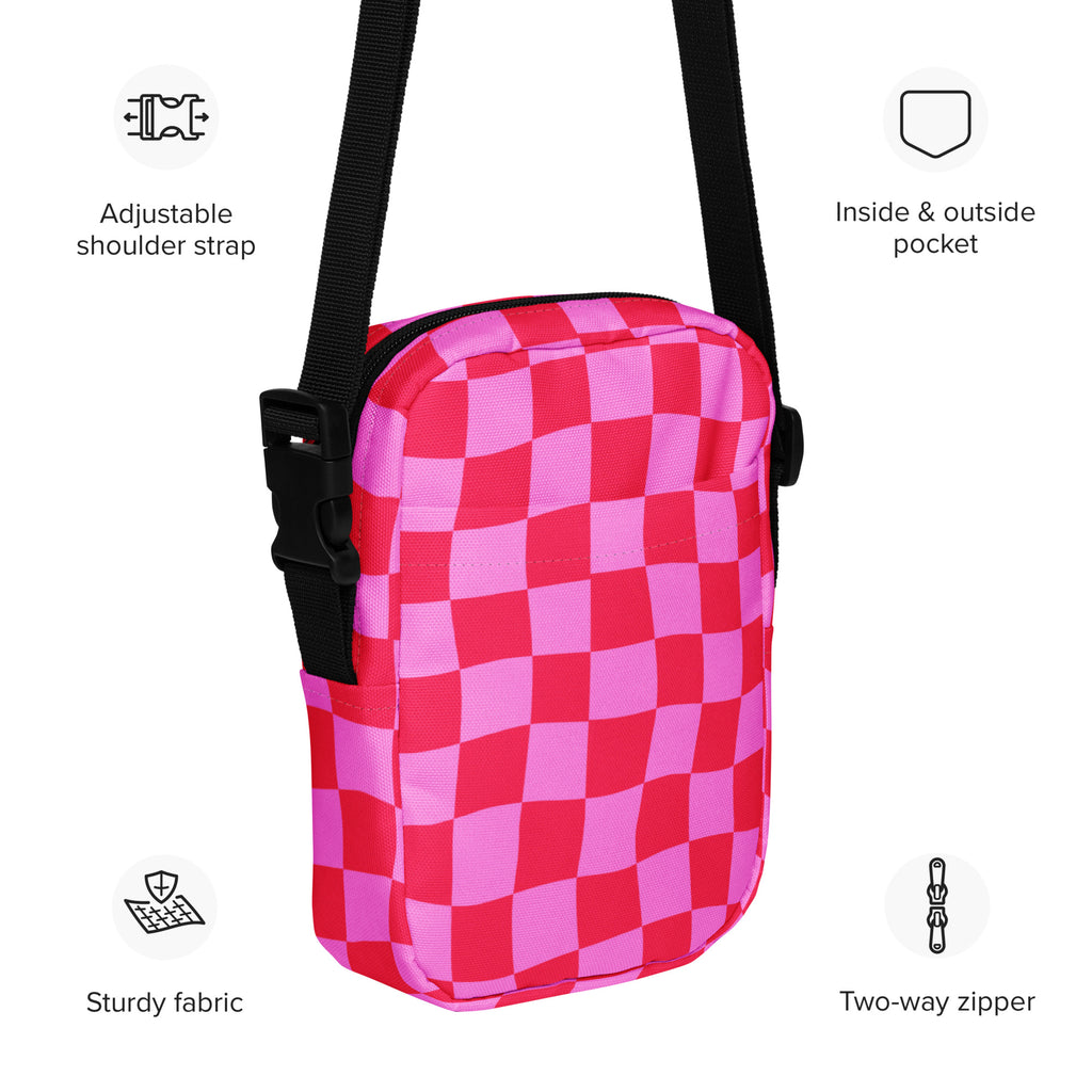 Bright Pink Checkered Crossbody Bag – Water Resistant Mini Purse With Adjustable Strap & Pockets