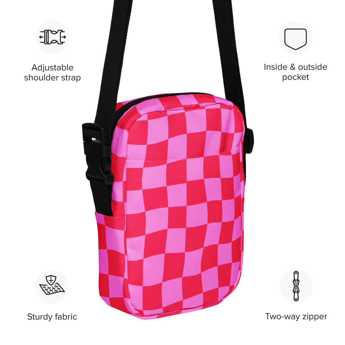 Bright Pink Checkered Crossbody Bag – Water Resistant Mini Purse With Adjustable Strap & Pockets