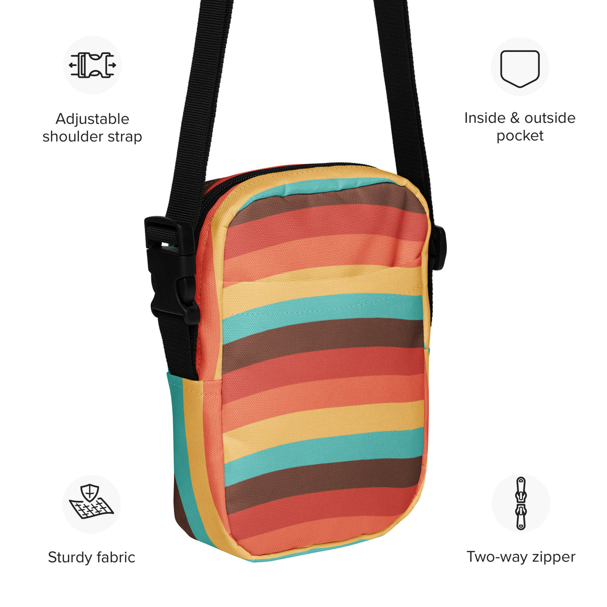 Retro Rainbow Stripe Crossbody Bag – Water Resistant Mini Purse With Adjustable Strap & Pockets