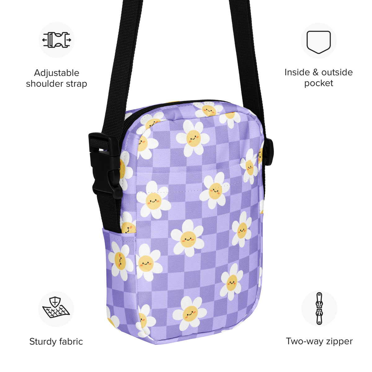 Purple Daisy Checkered Crossbody Bag – Water Resistant Mini Purse With Adjustable Strap & Pockets