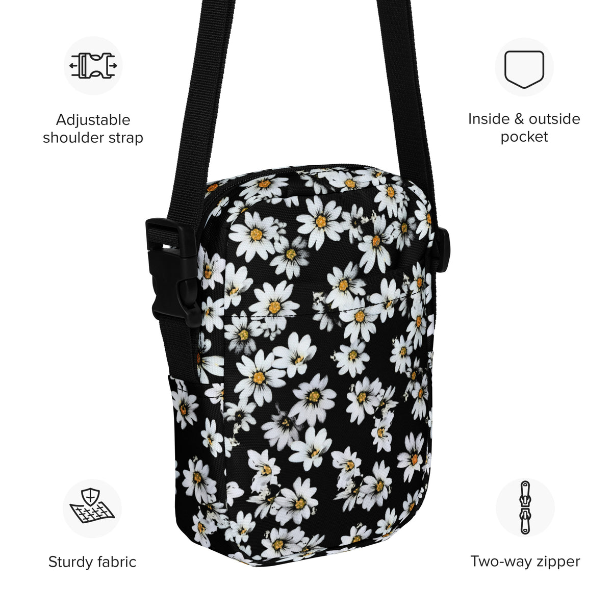 Girls Black Daisy Crossbody Bag – Water Resistant Mini Purse With Adjustable Strap & Pockets