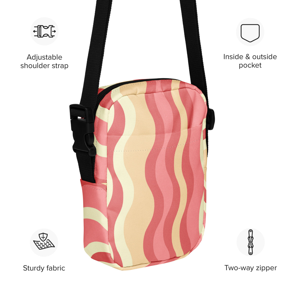 Pink Wavy Stripe Crossbody Bag – Water Resistant Mini Purse With Adjustable Strap & Pockets