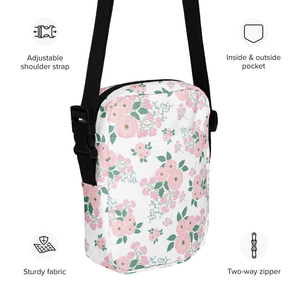 Girls Pink Flowers Crossbody Bag – Water Resistant Mini Purse With Adjustable Strap & Pockets