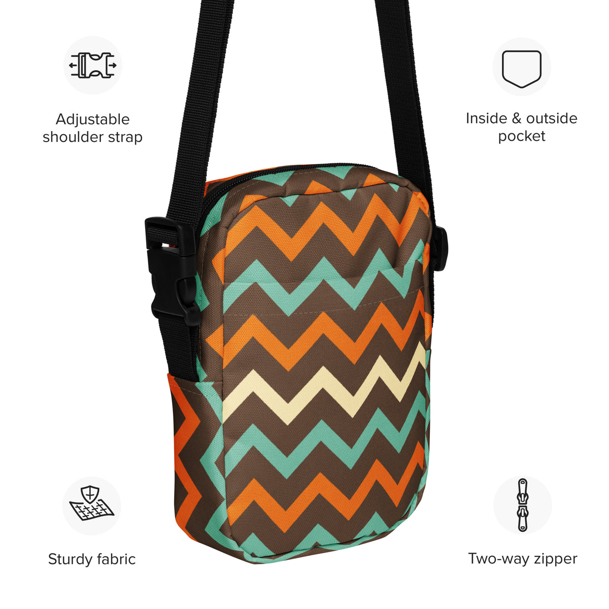 Retro Chevron Crossbody Bag – Water Resistant Mini Purse With Adjustable Strap & Pockets