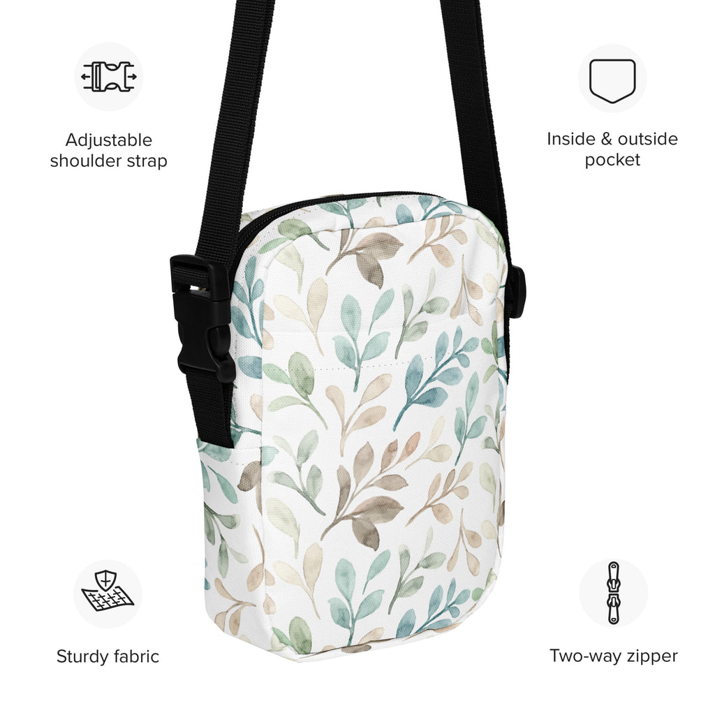 Watercolor Leaf Crossbody Bag – Water Resistant Mini Purse With Adjustable Strap & Pockets