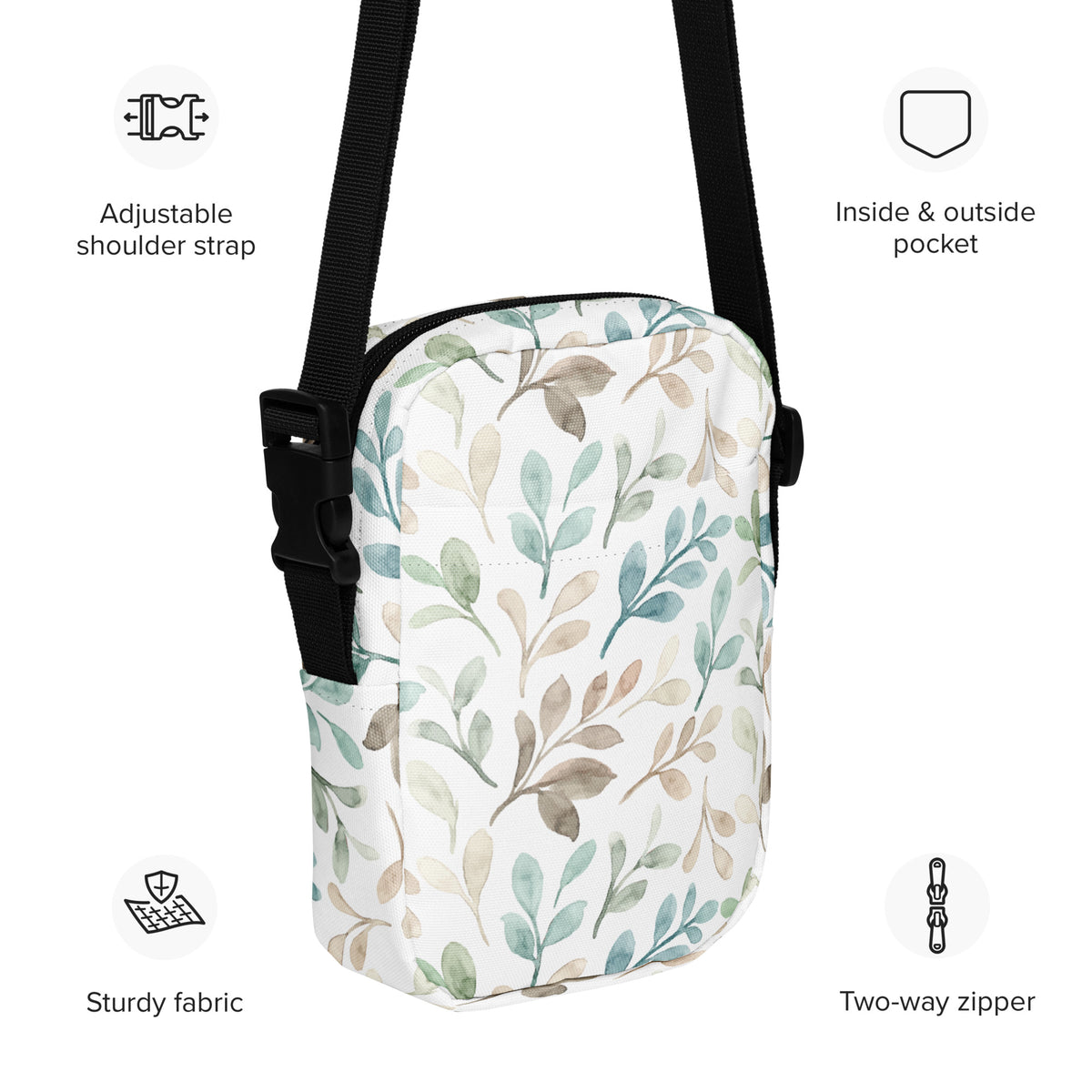 Watercolor Leaf Crossbody Bag – Water Resistant Mini Purse With Adjustable Strap & Pockets