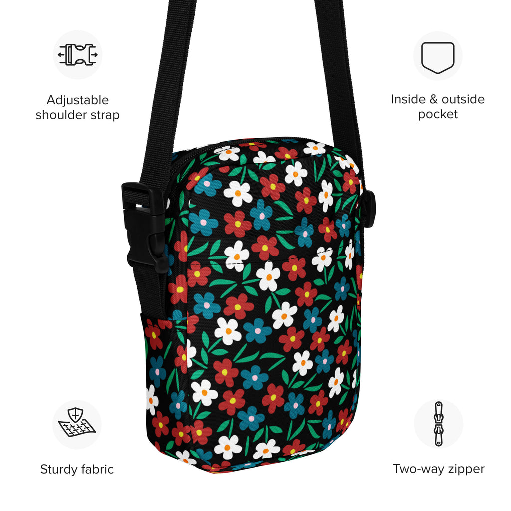 Girls Black Wildflower Crossbody Bag – Water Resistant Mini Purse With Adjustable Strap & Pockets