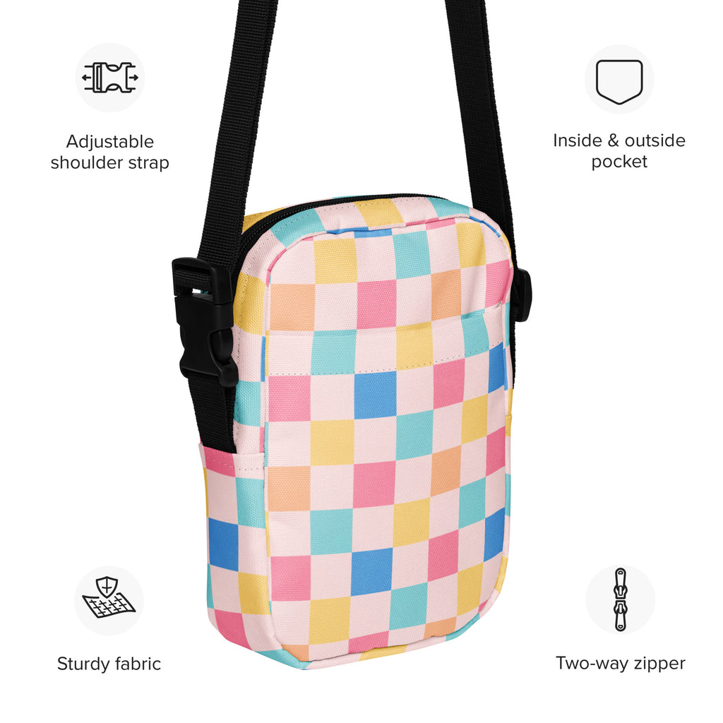 Pastel Checkered Crossbody Bag – Water Resistant Mini Purse With Adjustable Strap & Pockets